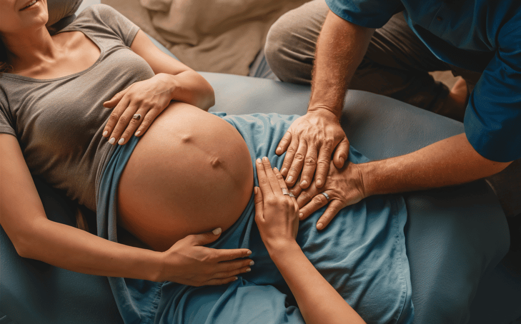 A pregnant woman lying on her side receives chiropractic care, with the practitioner's hands gently supporting her pregnant belly, likely carrying twins based on the large belly size