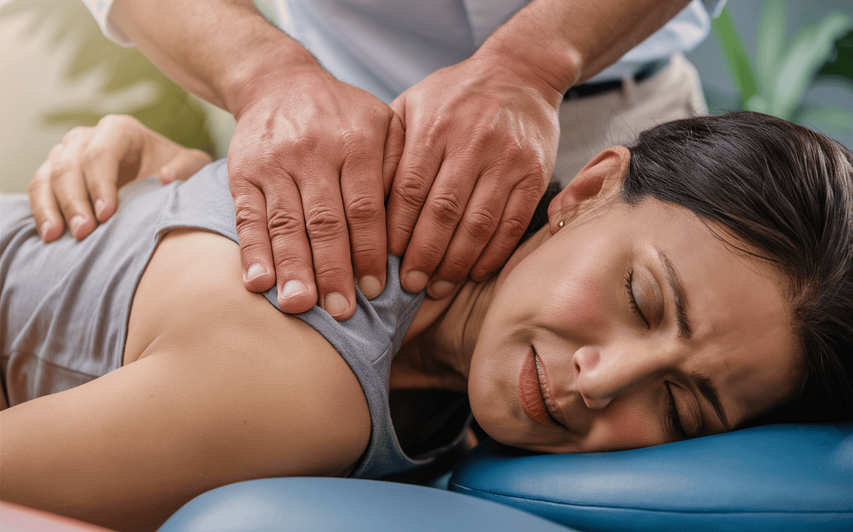 A chiropractor performing a spinal adjustment on a patient lying on a table, providing relief from back pain or discomfort through chiropractic care.