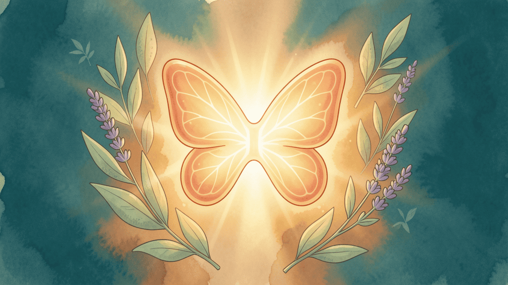 Functional medicine thyroid health illustration showing a glowing butterfly-shaped gland with botanical elements