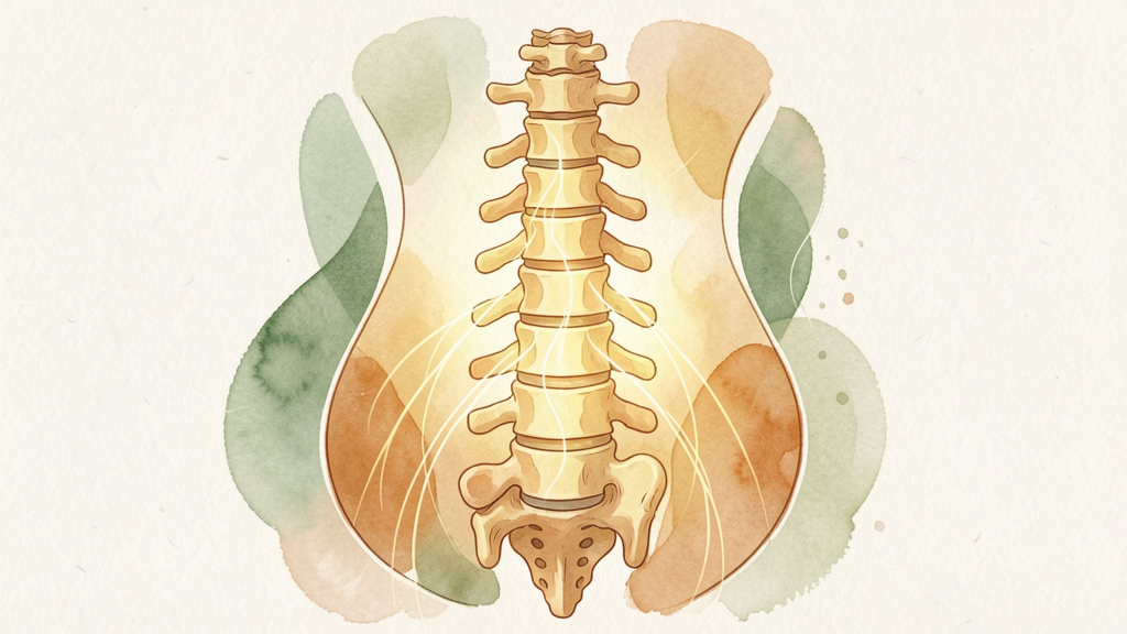 Editorial illustration of spine with healing energy and warm earth tones - spinal decompression therapy Cary NC
